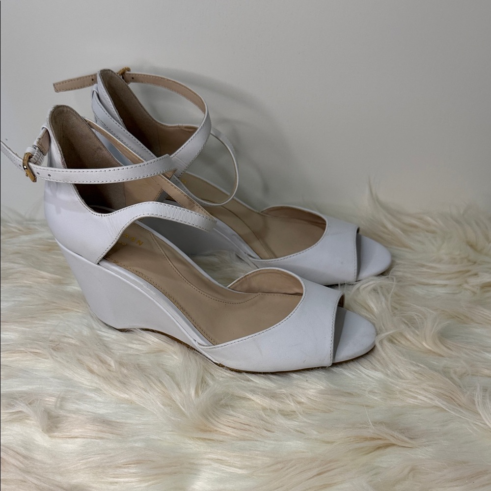 Cole Haan White Leather Wedge Heels with Ankle Strap